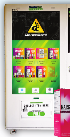 Lifesaver Hub vending machine at Things That Glow with DanceSafe harm reduction materials