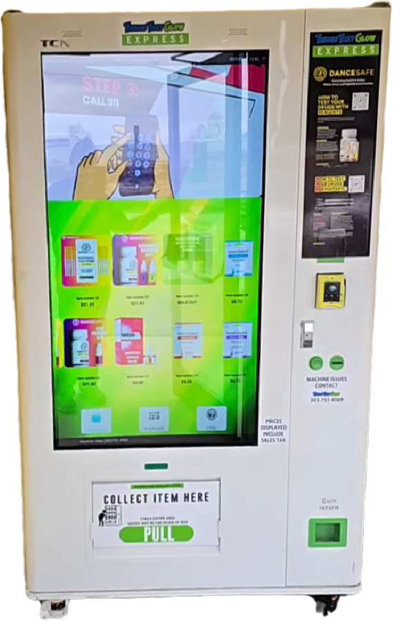 Lifesaver Hub vending machine stocked with DanceSafe kits, test strips, and naloxone